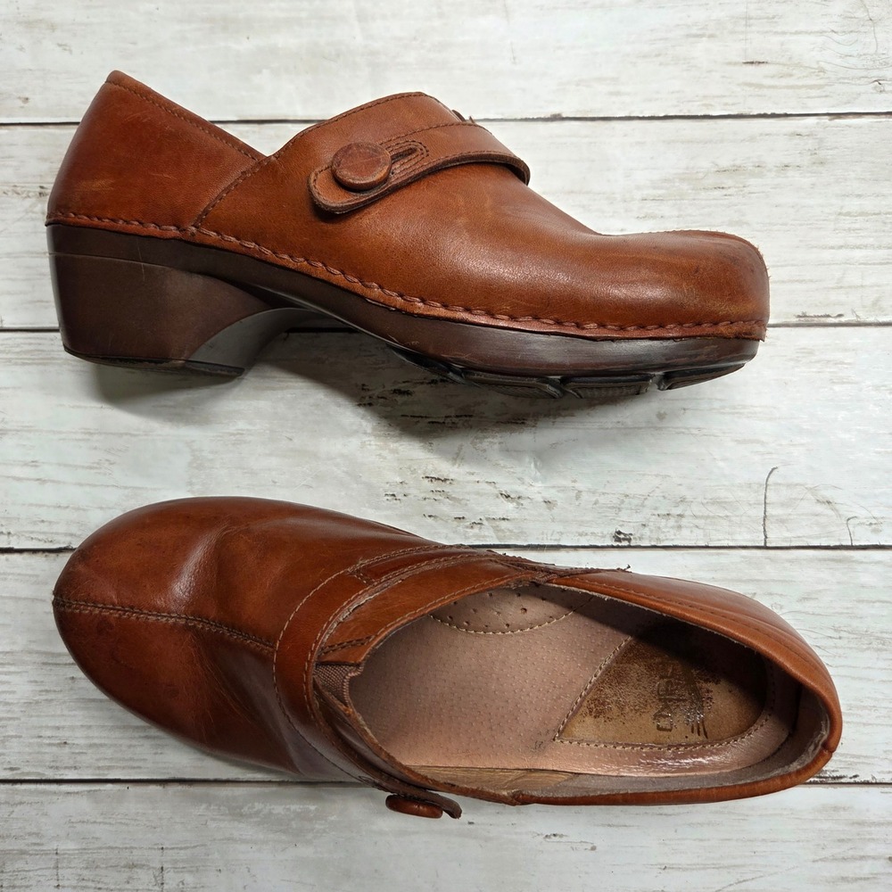 Dansko Mary Jane Clogs Leather Brown Block Heel Womens 39 Cognac Button Strap